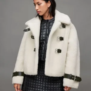 Women’s White Faux Fur Shearling Aviator Jacket