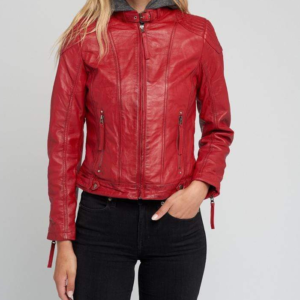 Eliza Red Removable Hooded Leather Jacket