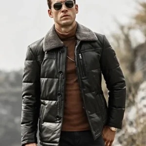 Memphis Men’s Black Real Leather Bomber Style Puffer Jacket