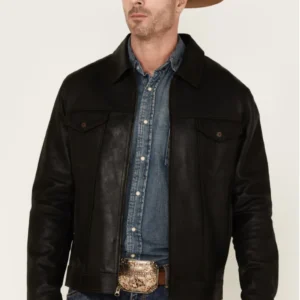 Solid Black Trucker Leather Jacket